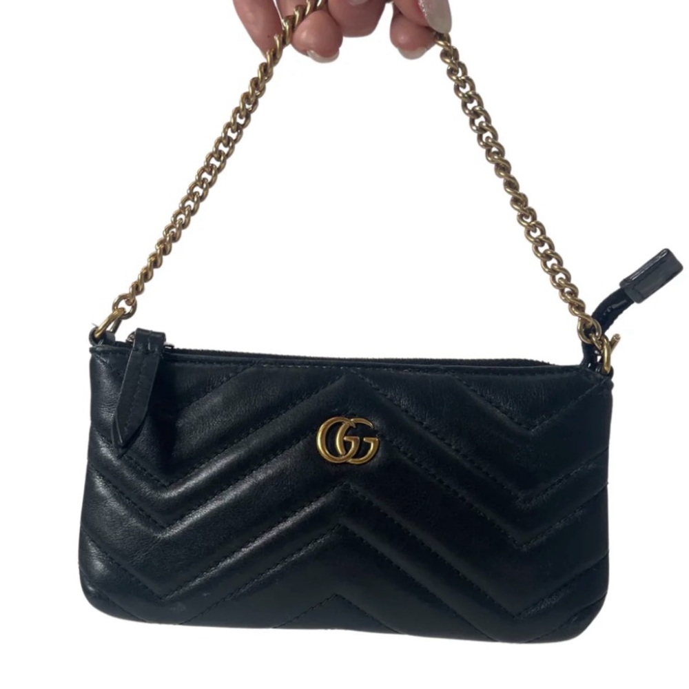 Gucci Black Quilted Leather Wristlet Clutch with Gold Chain